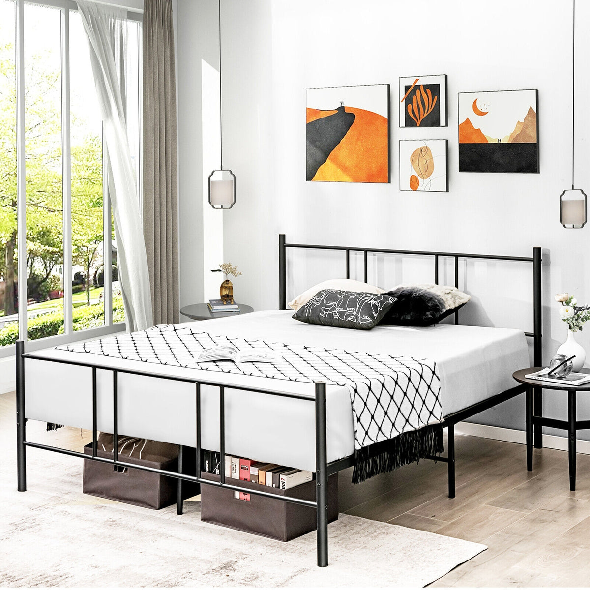 Full/Queen Size Platform Bed Frame with High Headboard-Queen Size-Simple Bed Frame-DECOROLALA