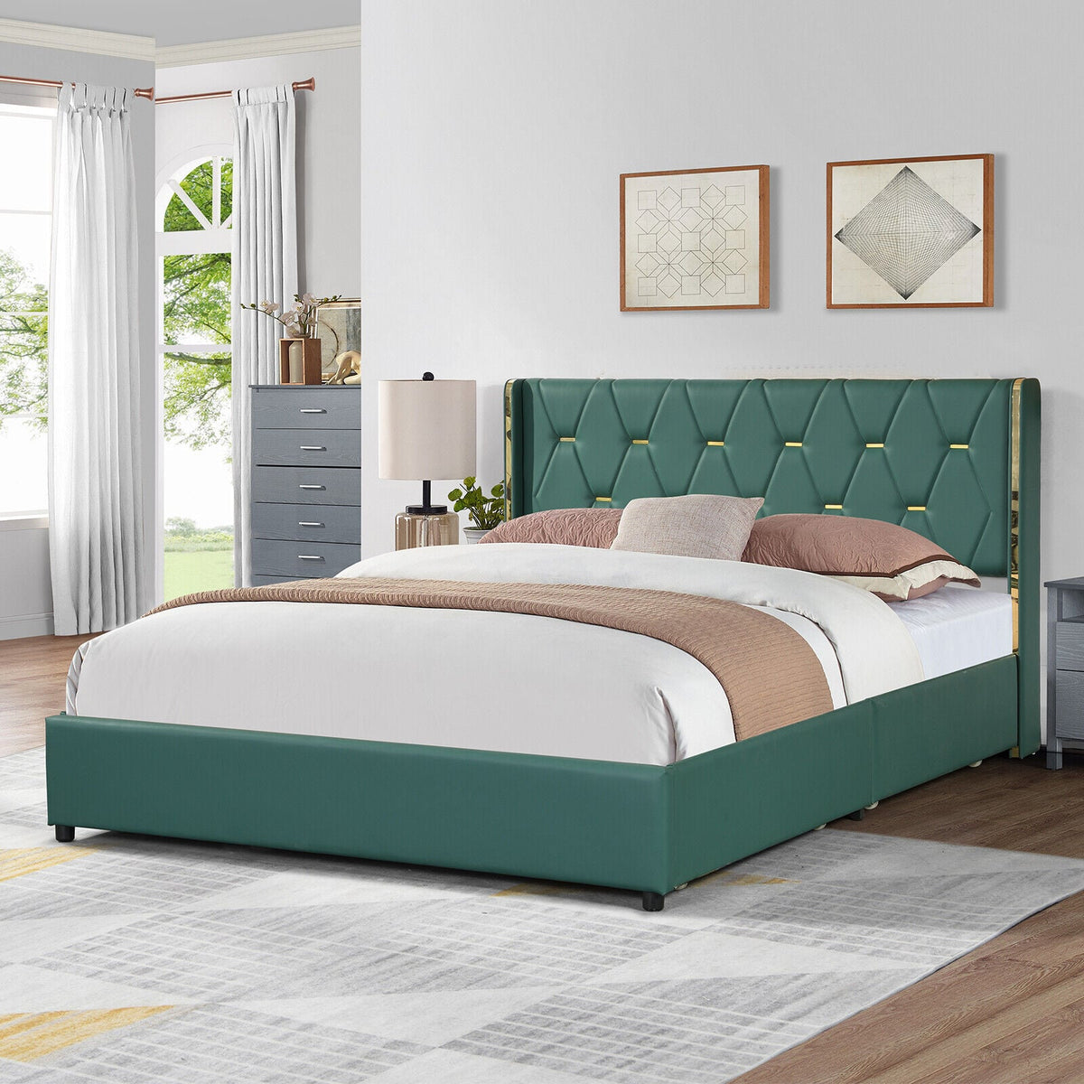 Full/Queen Size Upholstered Bed Frame with 4 Drawers-Green-Full Size-Simple Bed Frame-DECOROLALA
