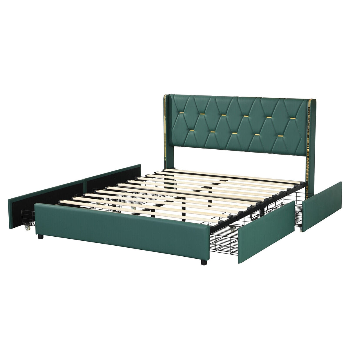Full/Queen Size Upholstered Bed Frame with 4 Drawers-Green-Full Size-Simple Bed Frame-DECOROLALA
