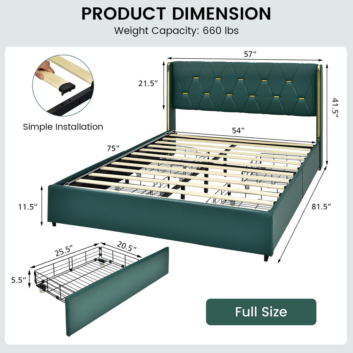 Full/Queen Size Upholstered Bed Frame with 4 Drawers-Green-Full Size-Simple Bed Frame-DECOROLALA