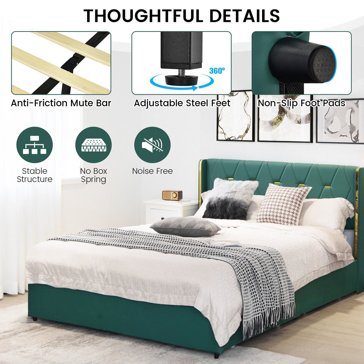 Full/Queen Size Upholstered Bed Frame with 4 Drawers-Green-Full Size-Simple Bed Frame-DECOROLALA