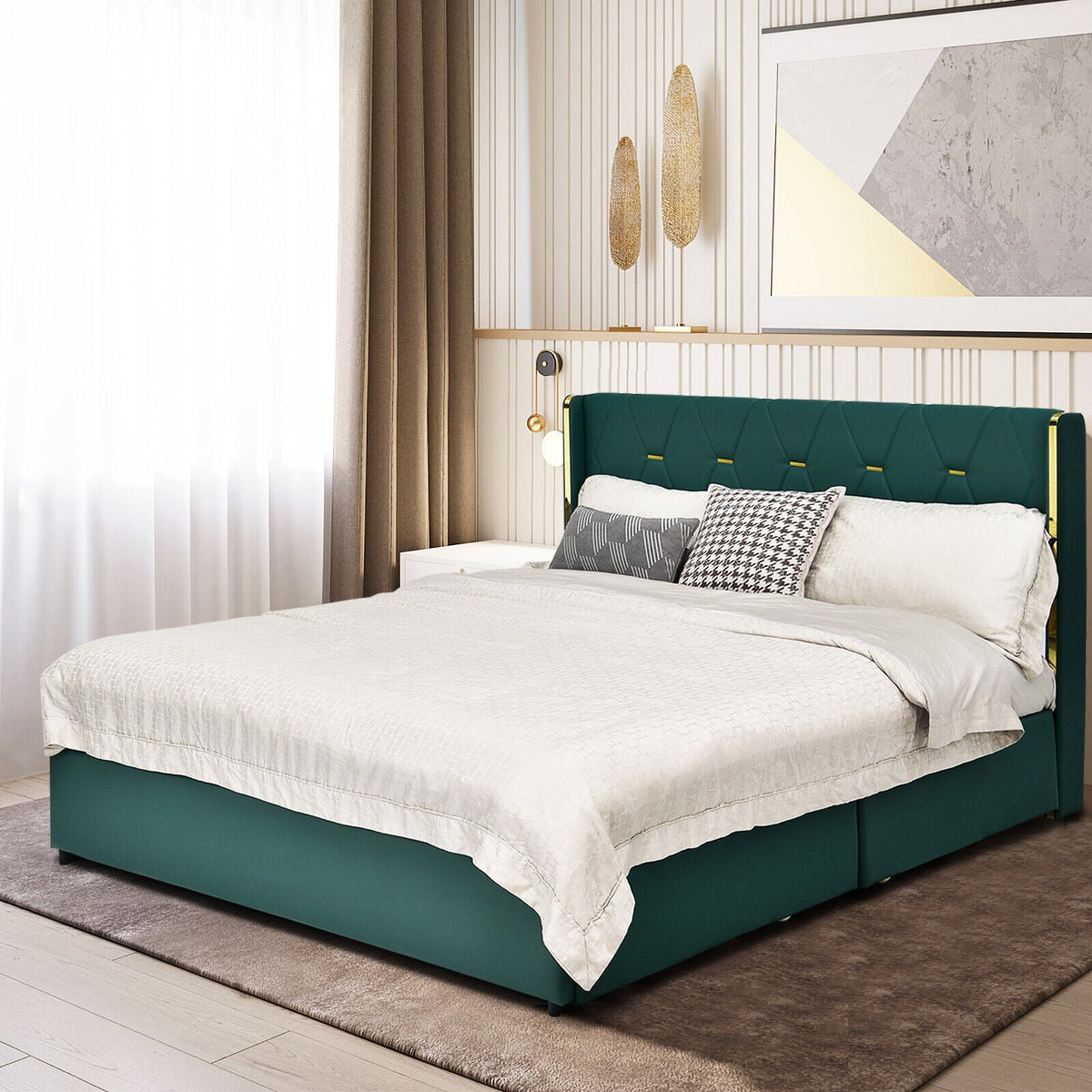 Full/Queen Size Upholstered Bed Frame with 4 Drawers-Green-Full Size-Simple Bed Frame-DECOROLALA