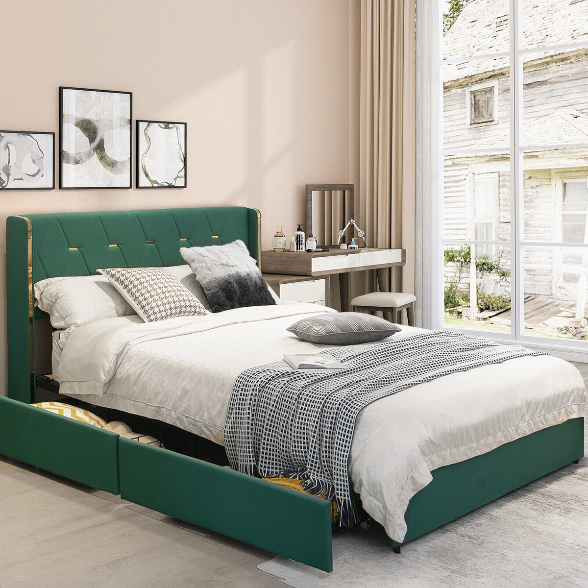 Full/Queen Size Upholstered Bed Frame with 4 Drawers-Green-Full Size-Simple Bed Frame-DECOROLALA