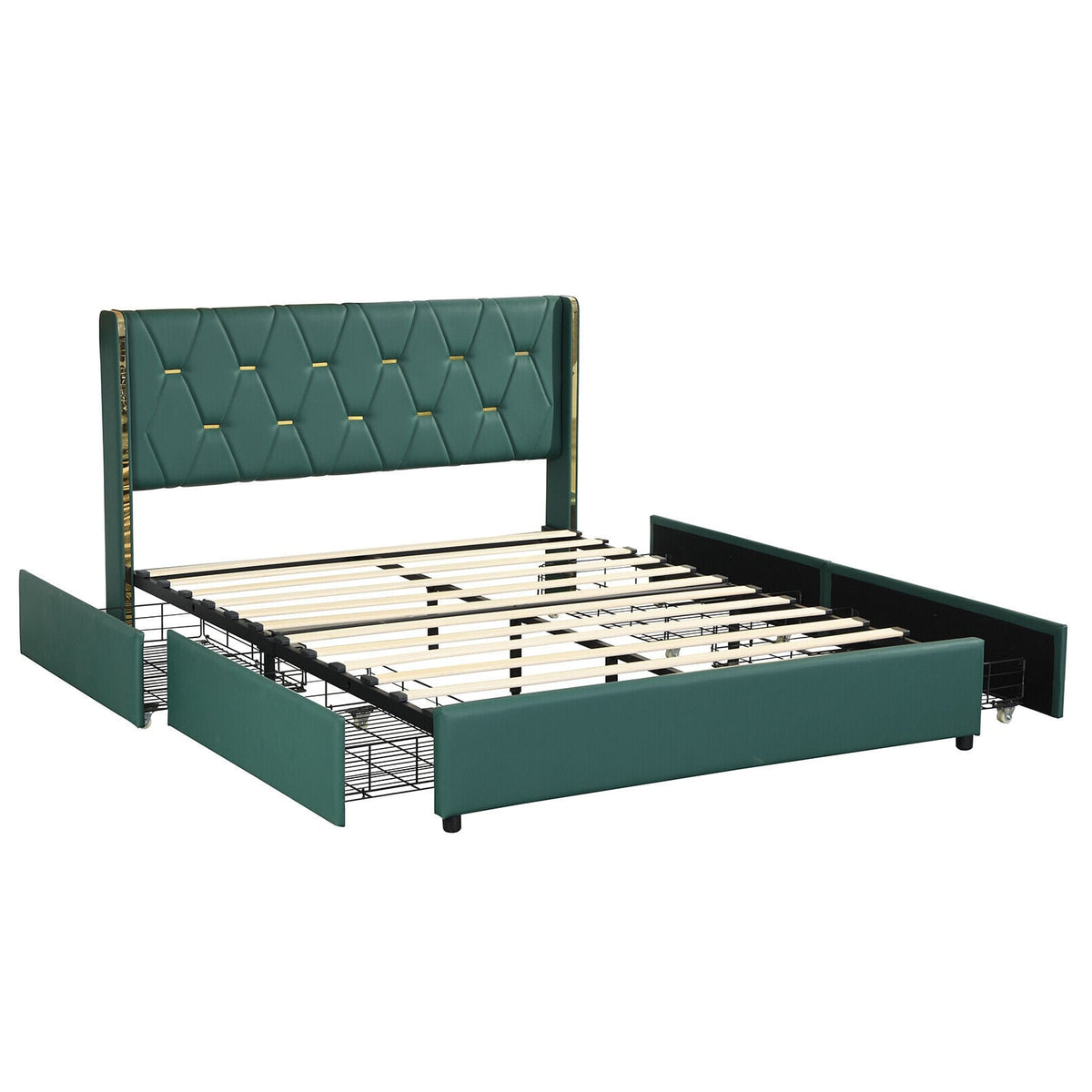 Full/Queen Size Upholstered Bed Frame with 4 Drawers-Green-Full Size-Simple Bed Frame-DECOROLALA