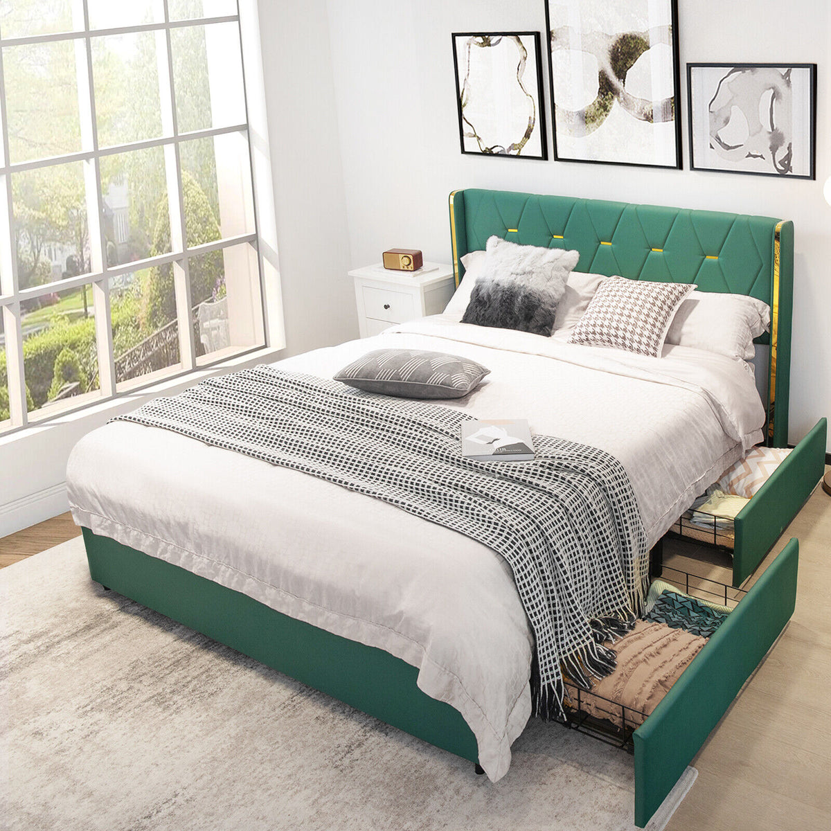 Full/Queen Size Upholstered Bed Frame with 4 Drawers-Green-Queen Size-Simple Bed Frame-DECOROLALA