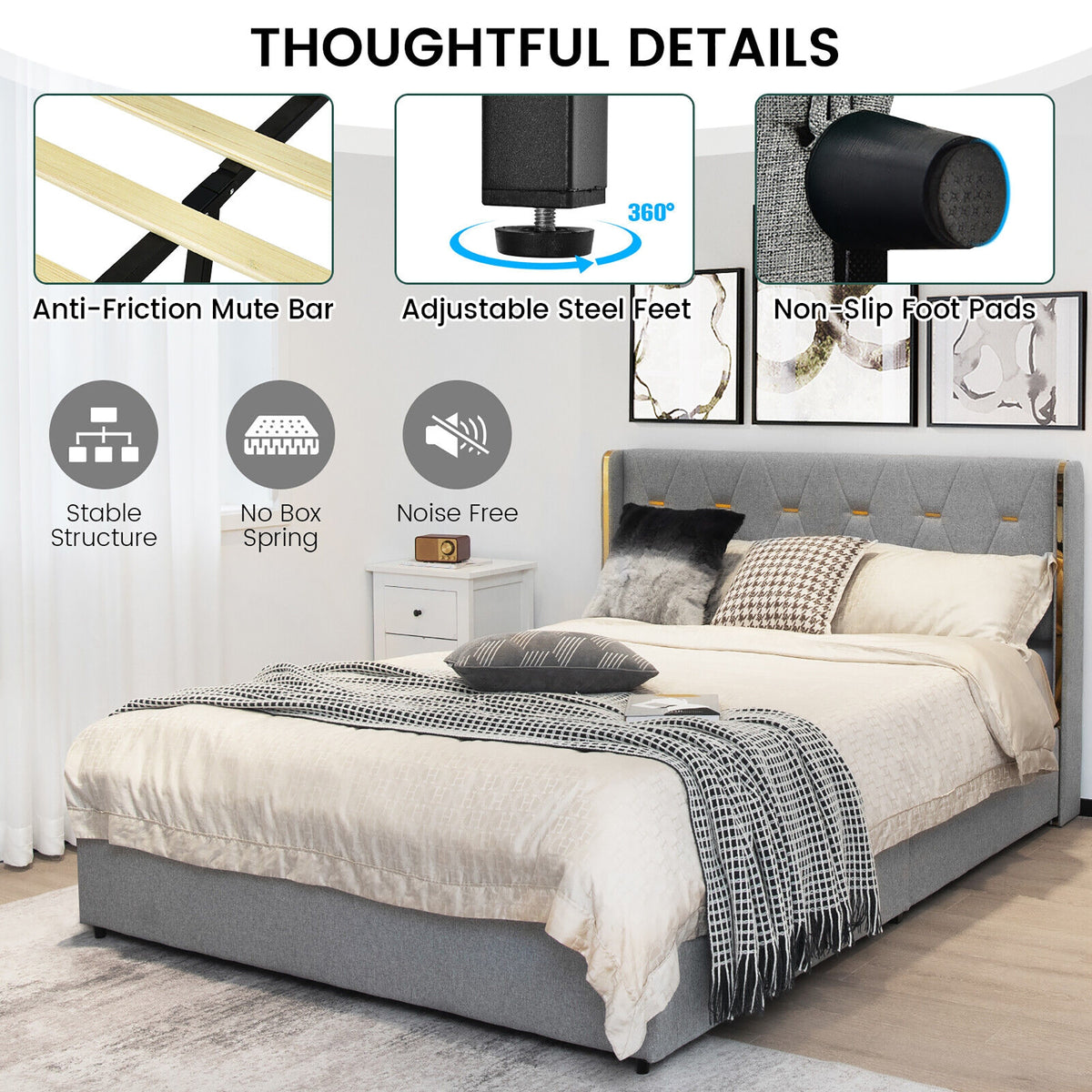 Full/Queen Size Upholstered Bed Frame with 4 Drawers-Green-Queen Size-Simple Bed Frame-DECOROLALA