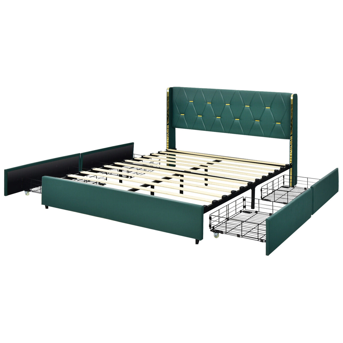 Full/Queen Size Upholstered Bed Frame with 4 Drawers-Green-Queen Size-Simple Bed Frame-DECOROLALA