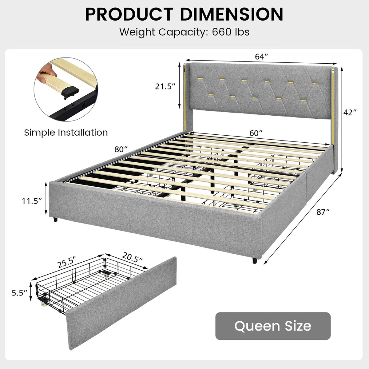 Full/Queen Size Upholstered Bed Frame with 4 Drawers-Green-Queen Size-Simple Bed Frame-DECOROLALA