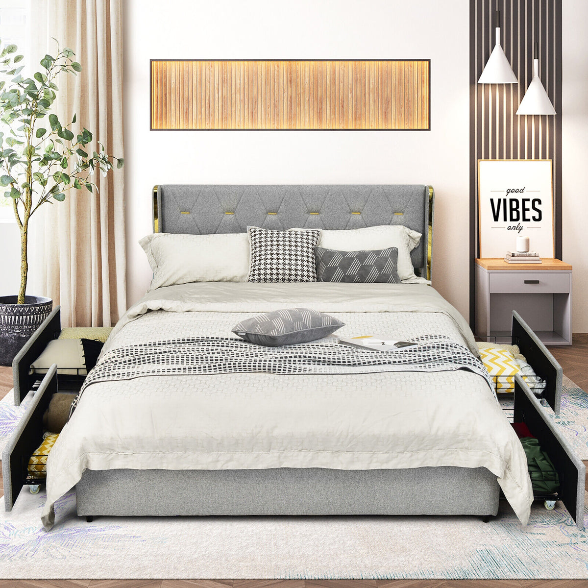 Full/Queen Size Upholstered Bed Frame with 4 Drawers-Green-Queen Size-Simple Bed Frame-DECOROLALA