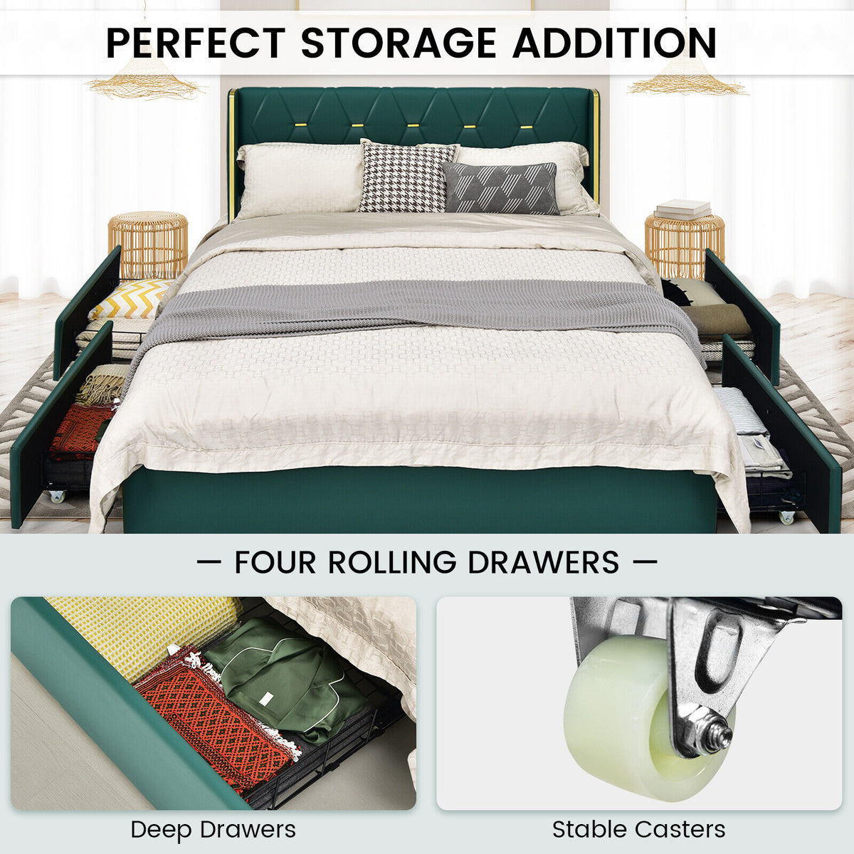 Full/Queen Size Upholstered Bed Frame with 4 Drawers-Green-Queen Size-Simple Bed Frame-DECOROLALA