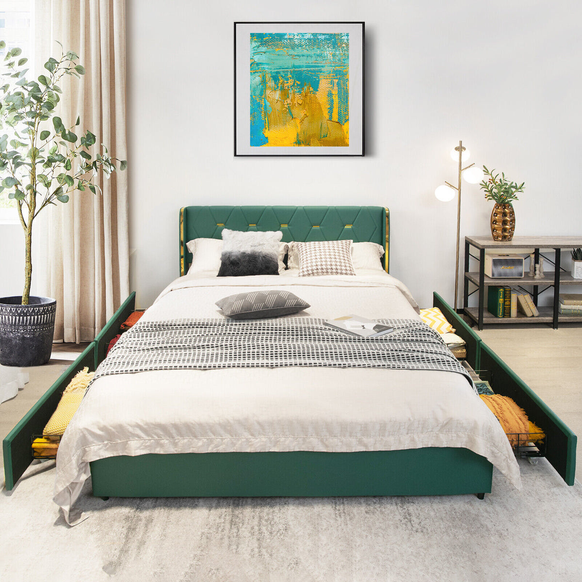 Full/Queen Size Upholstered Bed Frame with 4 Drawers-Green-Queen Size-Simple Bed Frame-DECOROLALA