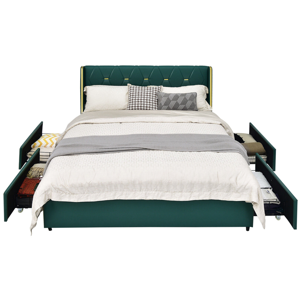 Full/Queen Size Upholstered Bed Frame with 4 Drawers-Green-Queen Size-Simple Bed Frame-DECOROLALA