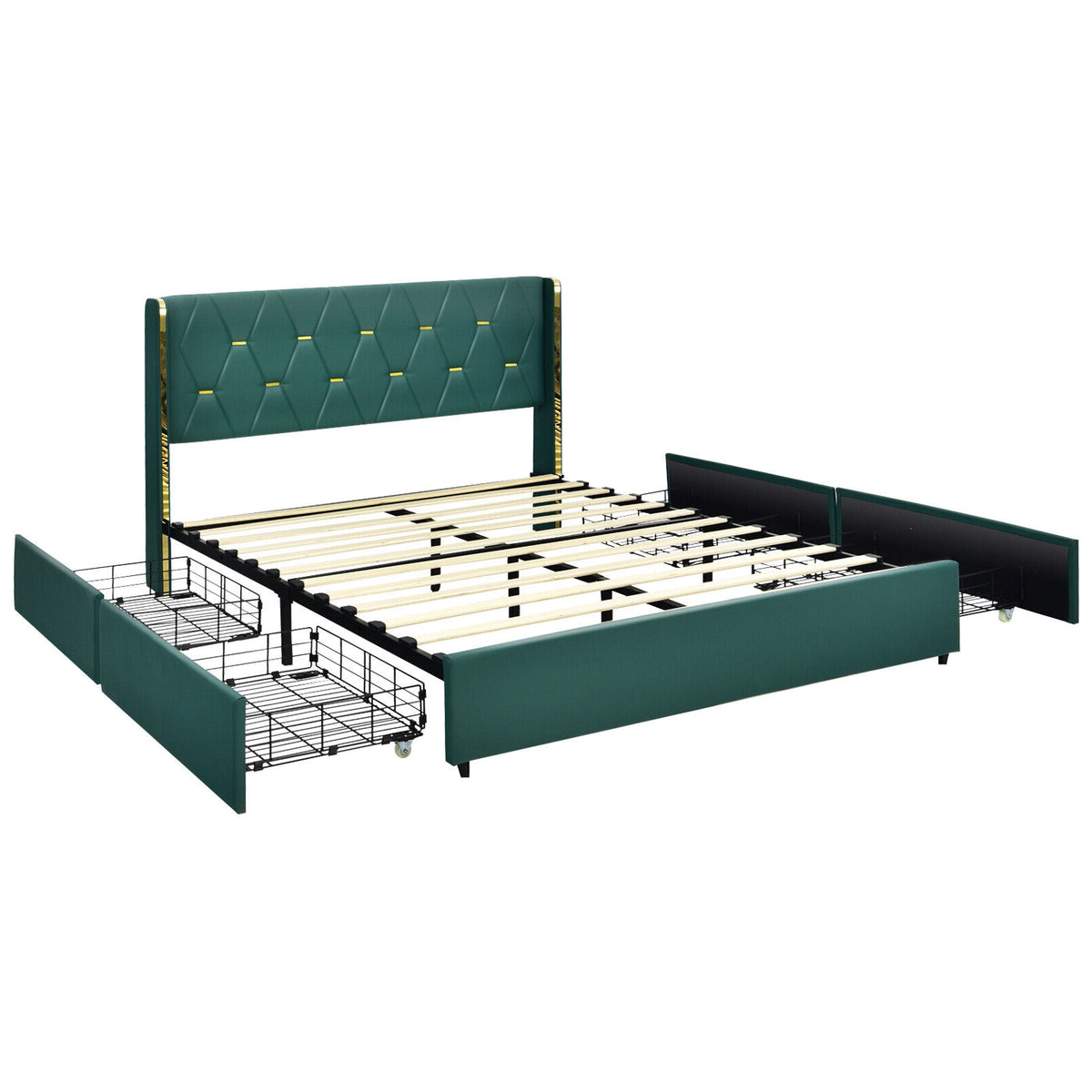 Full/Queen Size Upholstered Bed Frame with 4 Drawers-Green-Queen Size-Simple Bed Frame-DECOROLALA
