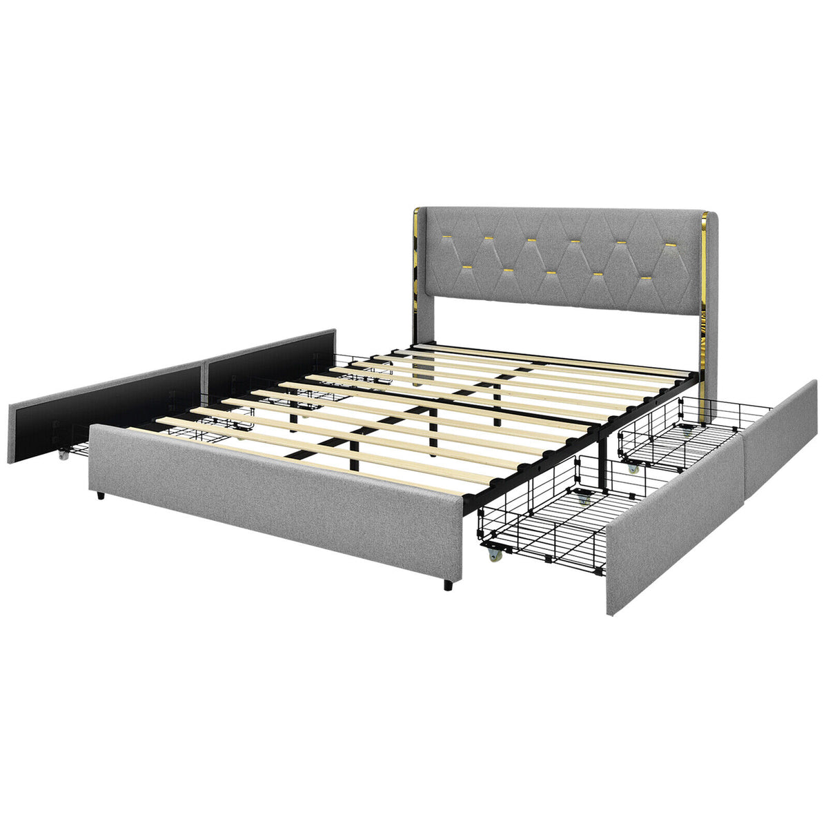 Full/Queen Size Upholstered Bed Frame with 4 Drawers-Silver-Full Size-Simple Bed Frame-DECOROLALA