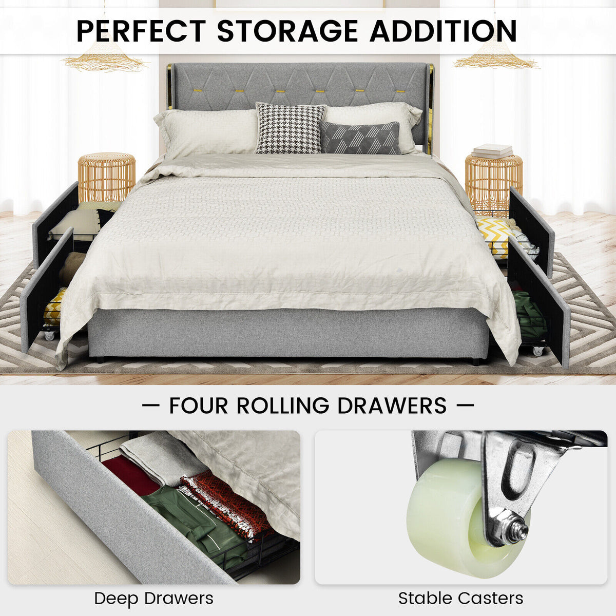 Full/Queen Size Upholstered Bed Frame with 4 Drawers-Silver-Full Size-Simple Bed Frame-DECOROLALA