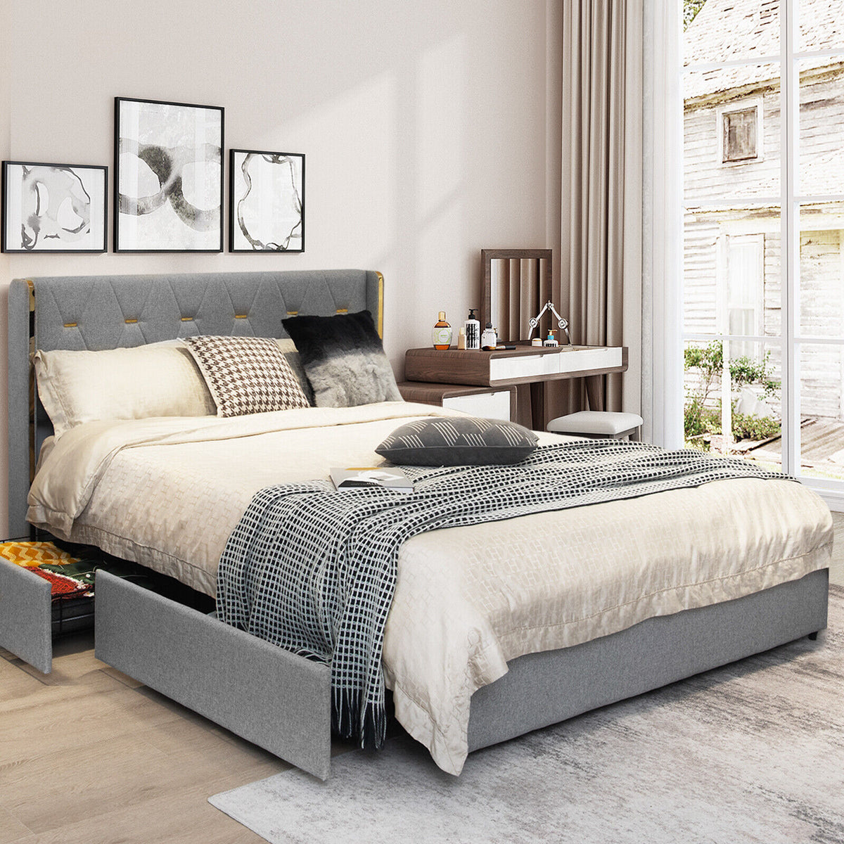 Full/Queen Size Upholstered Bed Frame with 4 Drawers-Silver-Full Size-Simple Bed Frame-DECOROLALA