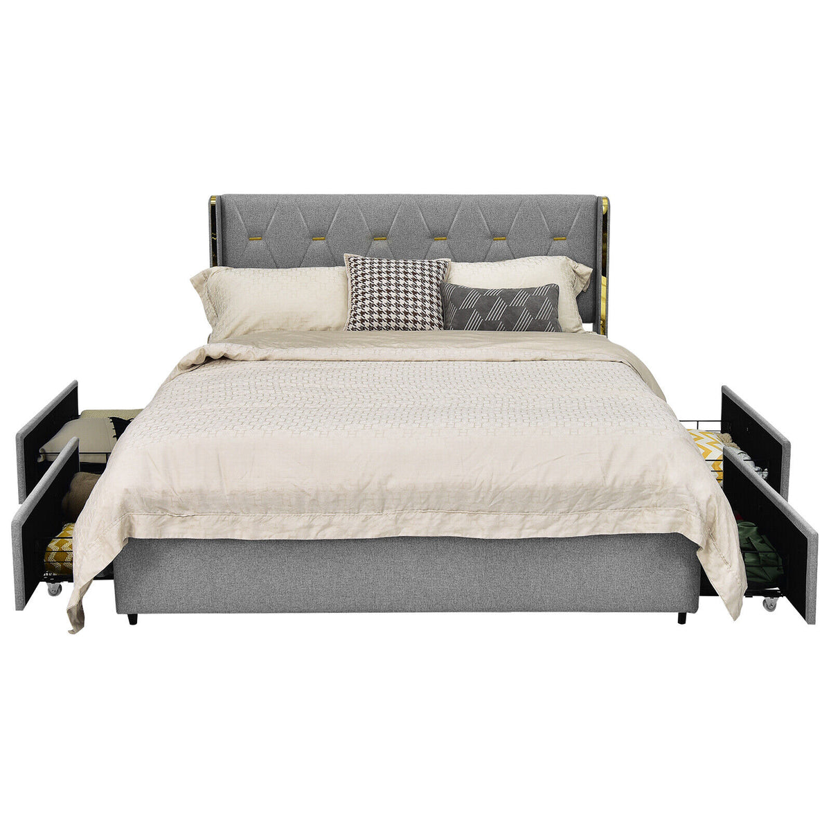 Full/Queen Size Upholstered Bed Frame with 4 Drawers-Silver-Full Size-Simple Bed Frame-DECOROLALA