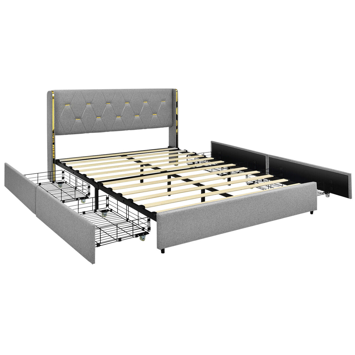 Full/Queen Size Upholstered Bed Frame with 4 Drawers-Silver-Full Size-Simple Bed Frame-DECOROLALA
