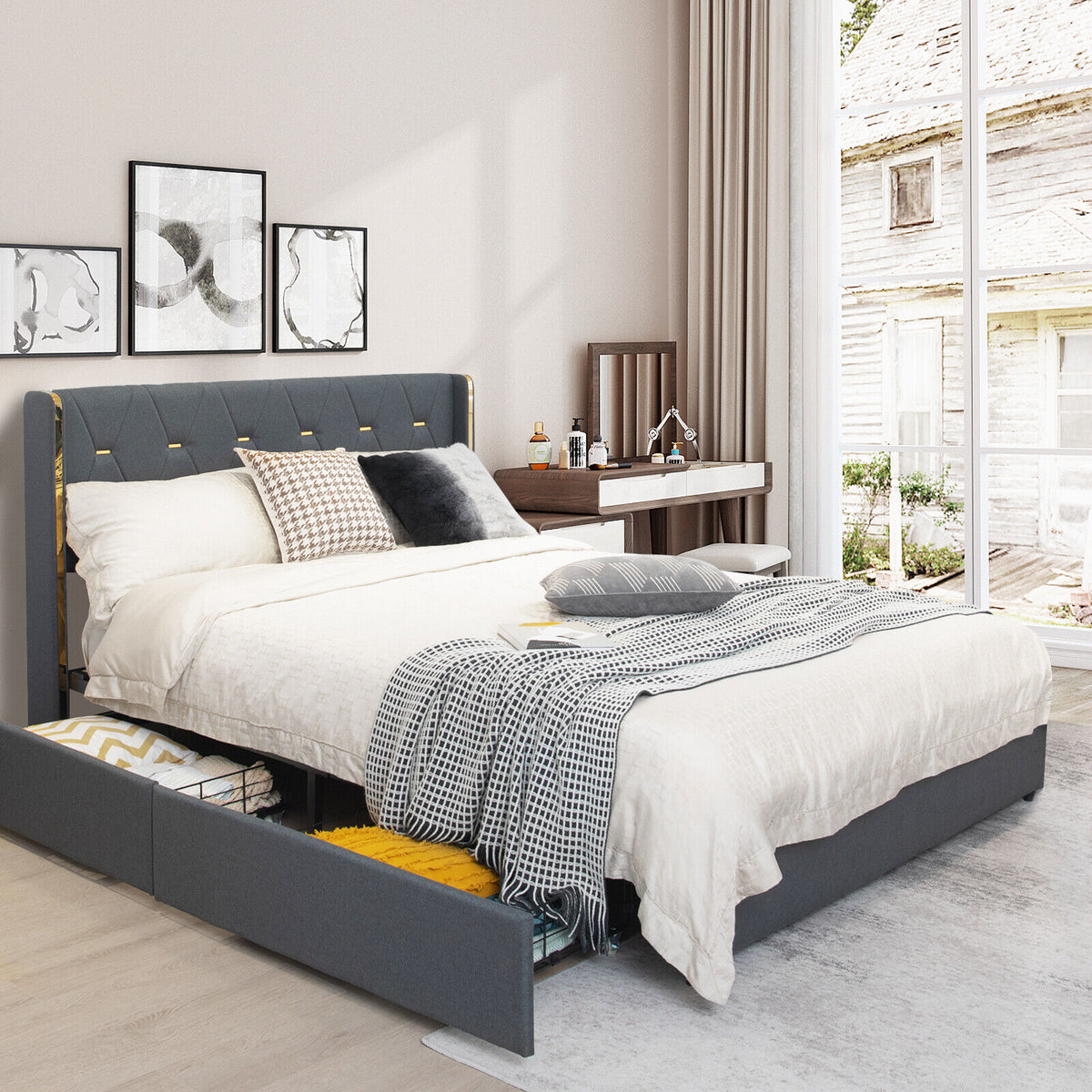 Full/Queen Size Upholstered Bed Frame with 4 Storage Drawers-Full Size-Simple Bed Frame-DECOROLALA