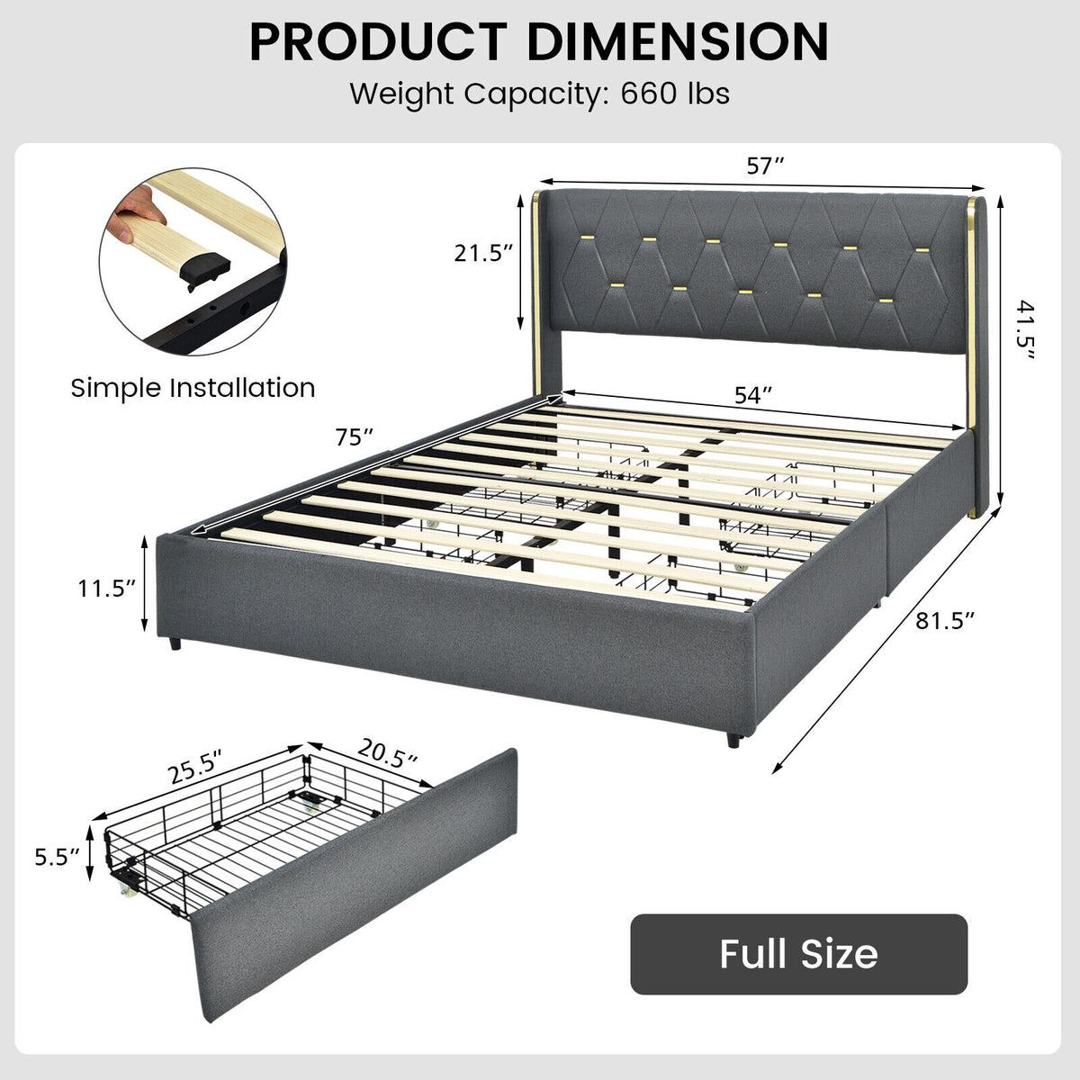 Full/Queen Size Upholstered Bed Frame with 4 Storage Drawers-Full Size-Simple Bed Frame-DECOROLALA
