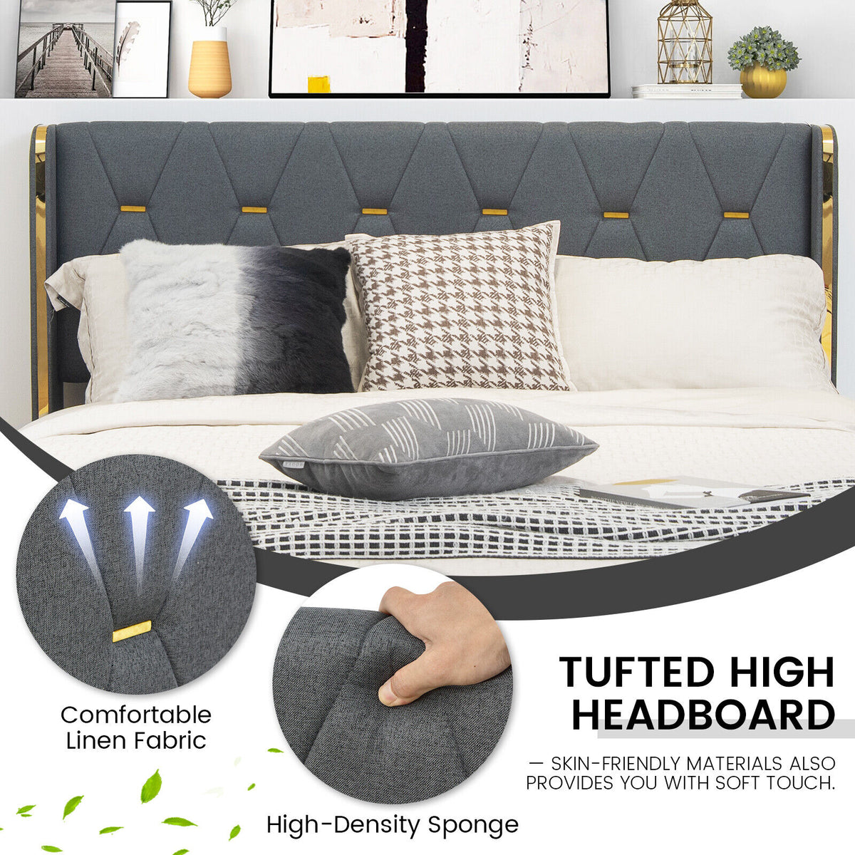 Full/Queen Size Upholstered Bed Frame with 4 Storage Drawers-Full Size-Simple Bed Frame-DECOROLALA