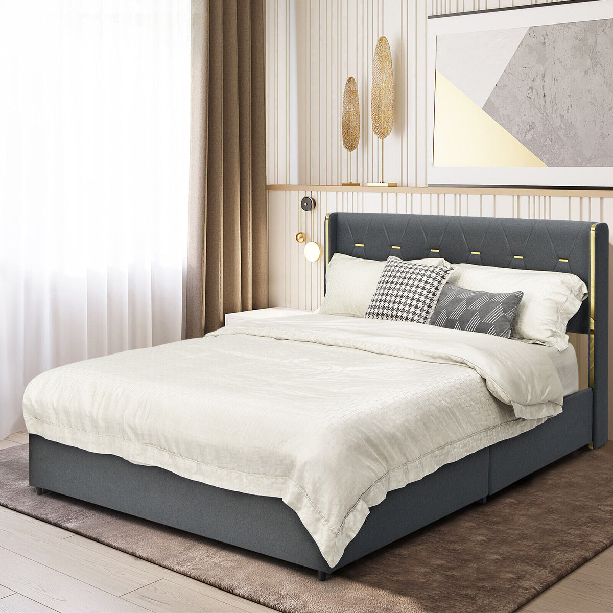 Full/Queen Size Upholstered Bed Frame with 4 Storage Drawers-Full Size-Simple Bed Frame-DECOROLALA