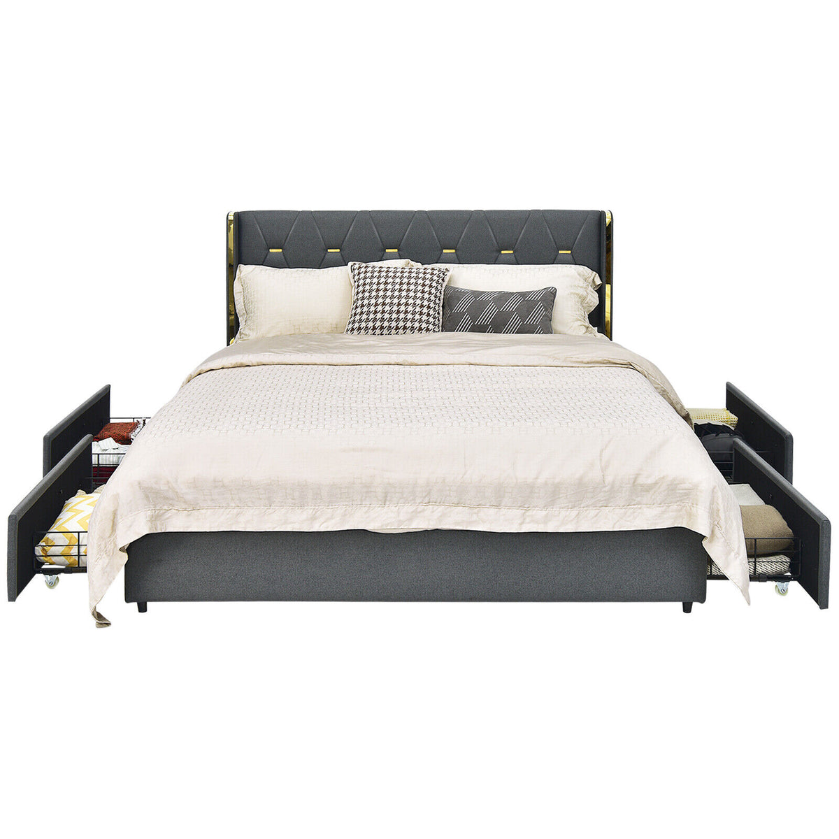 Full/Queen Size Upholstered Bed Frame with 4 Storage Drawers-Full Size-Simple Bed Frame-DECOROLALA