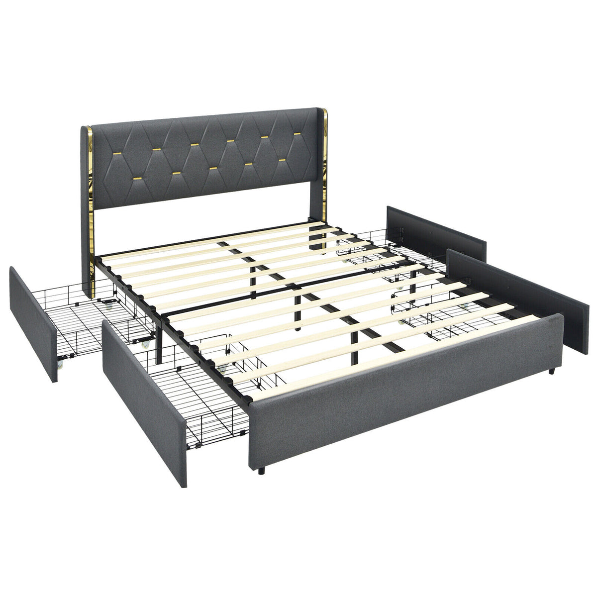 Full/Queen Size Upholstered Bed Frame with 4 Storage Drawers-Full Size-Simple Bed Frame-DECOROLALA