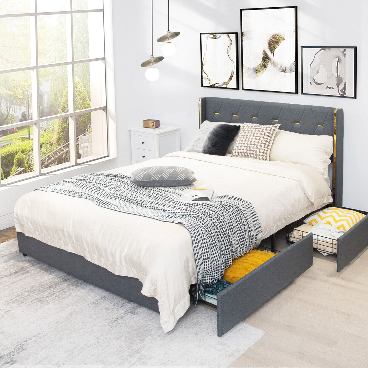 Full/Queen Size Upholstered Bed Frame with 4 Storage Drawers-Queen Size-Simple Bed Frame-DECOROLALA