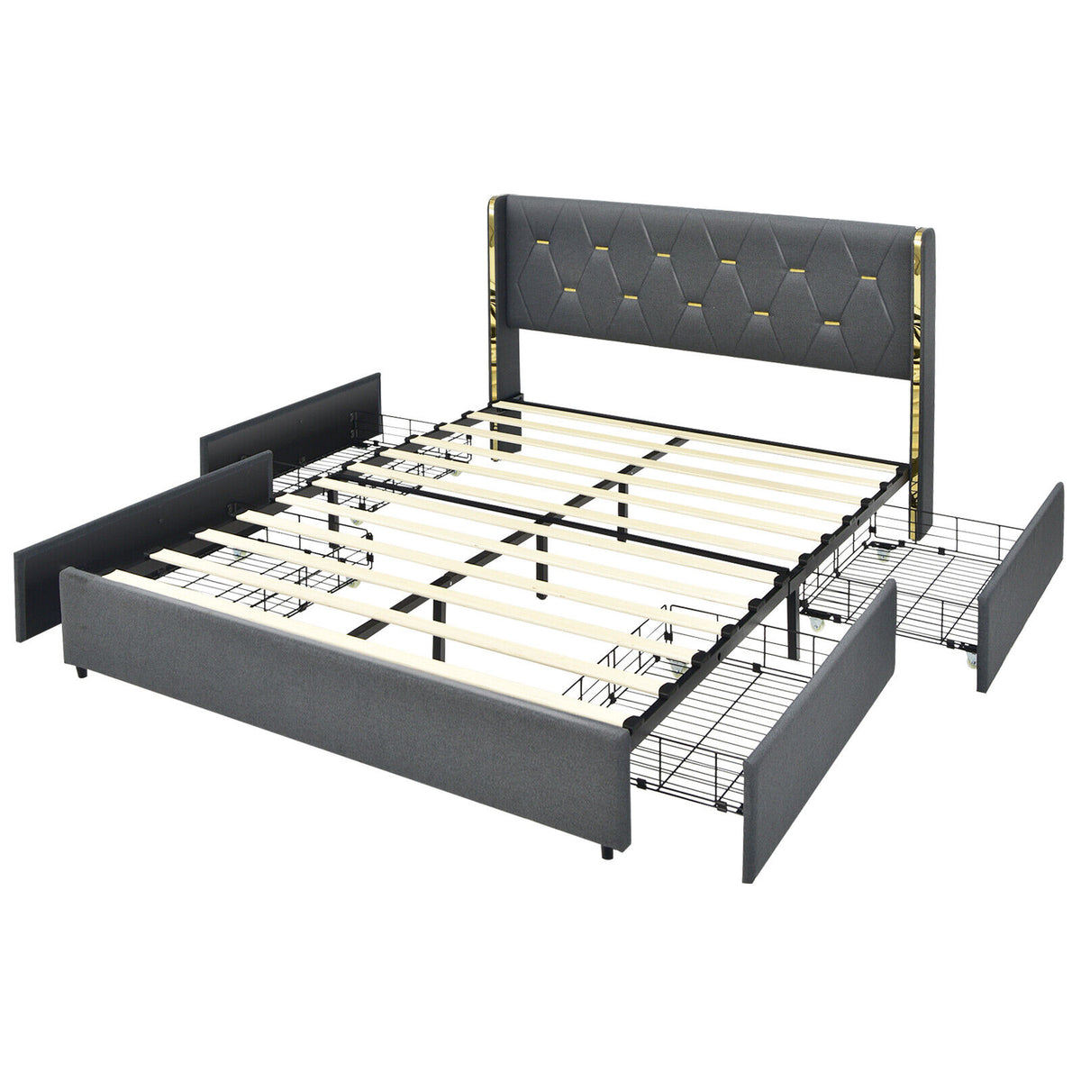 Full/Queen Size Upholstered Bed Frame with 4 Storage Drawers-Queen Size-Simple Bed Frame-DECOROLALA