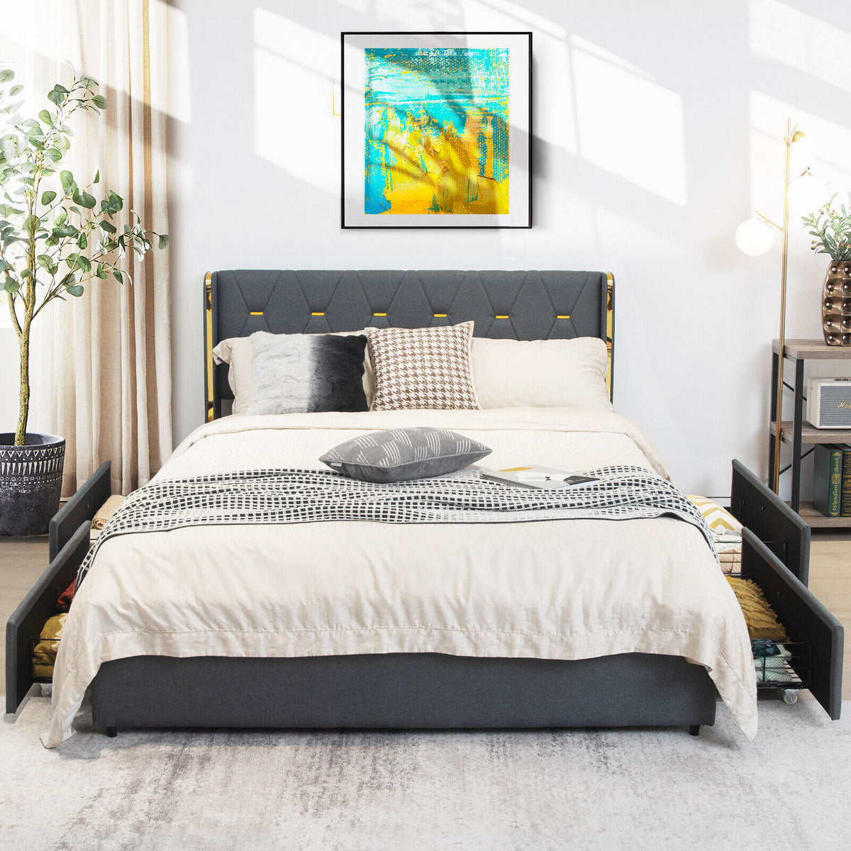 Full/Queen Size Upholstered Bed Frame with 4 Storage Drawers-Queen Size-Simple Bed Frame-DECOROLALA