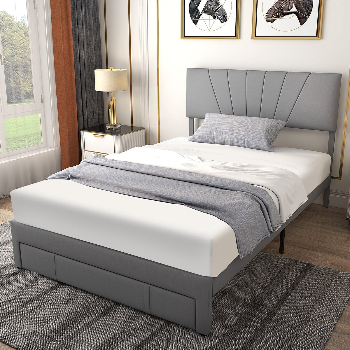 Full/Queen Size Upholstered Bed Frame with Drawer and Adjustable Headboard-Full Size-Simple Bed Frame-DECOROLALA