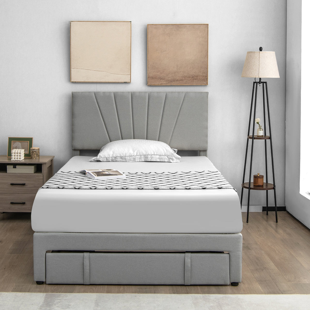 Full/Queen Size Upholstered Bed Frame with Drawer and Adjustable Headboard-Full Size-Simple Bed Frame-DECOROLALA