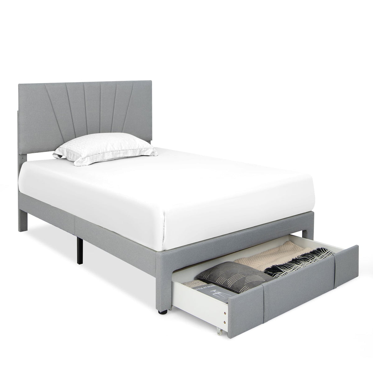 Full/Queen Size Upholstered Bed Frame with Drawer and Adjustable Headboard-Full Size-Simple Bed Frame-DECOROLALA
