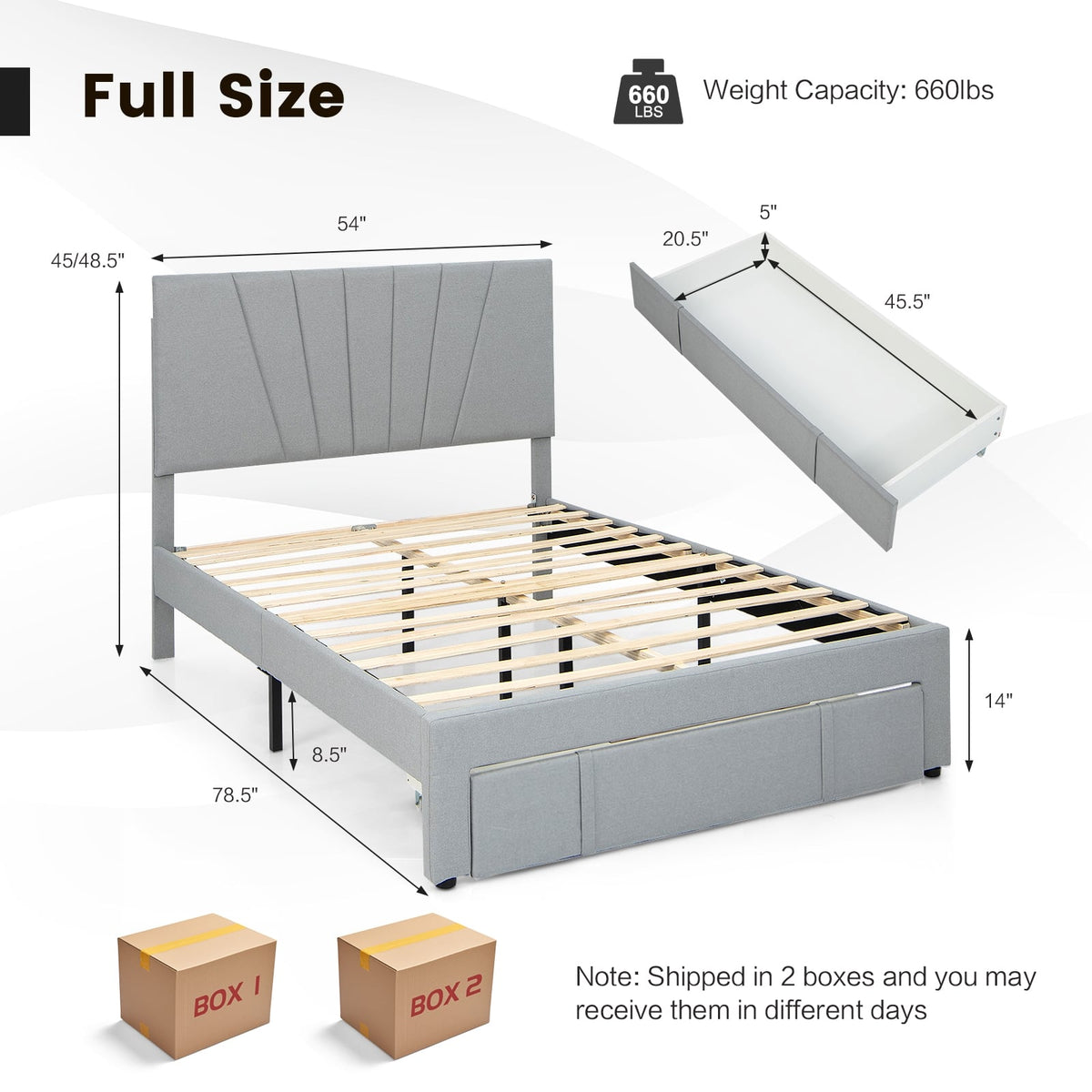 Full/Queen Size Upholstered Bed Frame with Drawer and Adjustable Headboard-Full Size-Simple Bed Frame-DECOROLALA