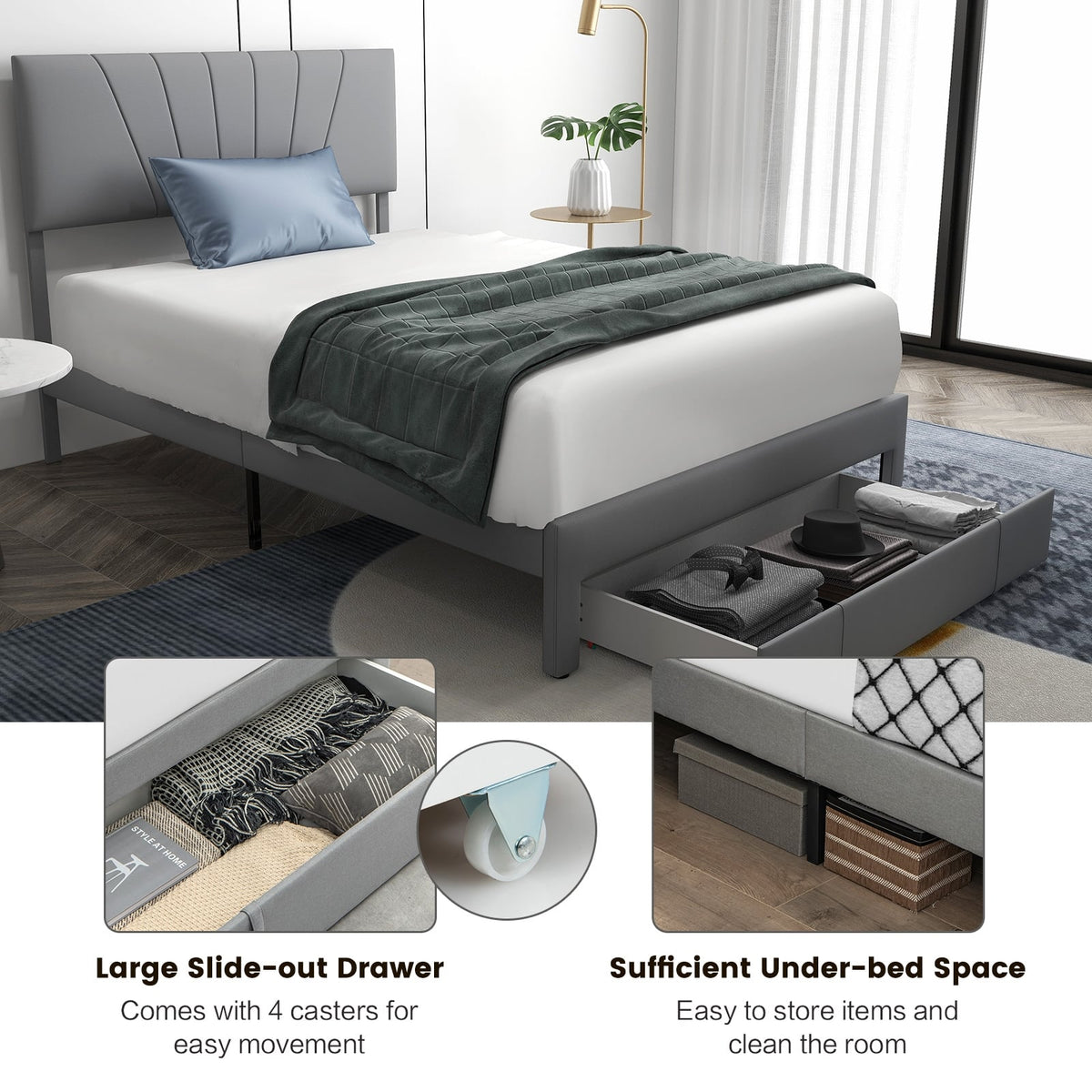 Full/Queen Size Upholstered Bed Frame with Drawer and Adjustable Headboard-Full Size-Simple Bed Frame-DECOROLALA