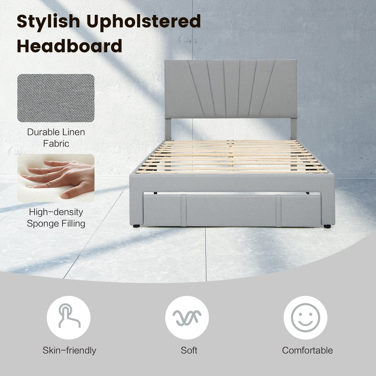 Full/Queen Size Upholstered Bed Frame with Drawer and Adjustable Headboard-Full Size-Simple Bed Frame-DECOROLALA