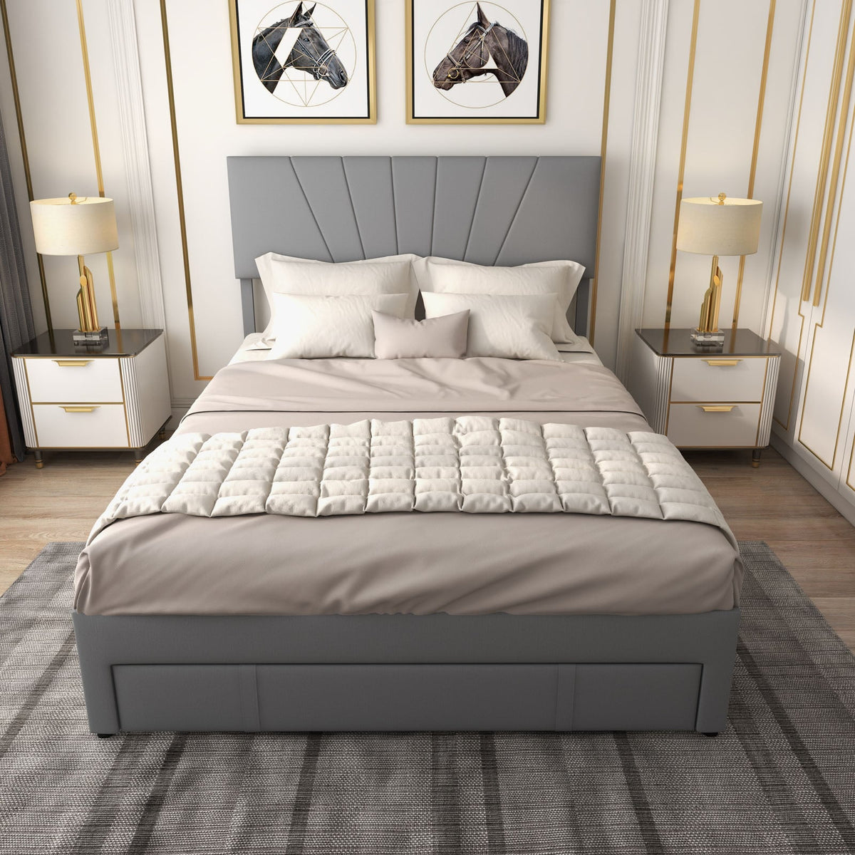 Full/Queen Size Upholstered Bed Frame with Drawer and Adjustable Headboard-Queen Size-Simple Bed Frame-DECOROLALA