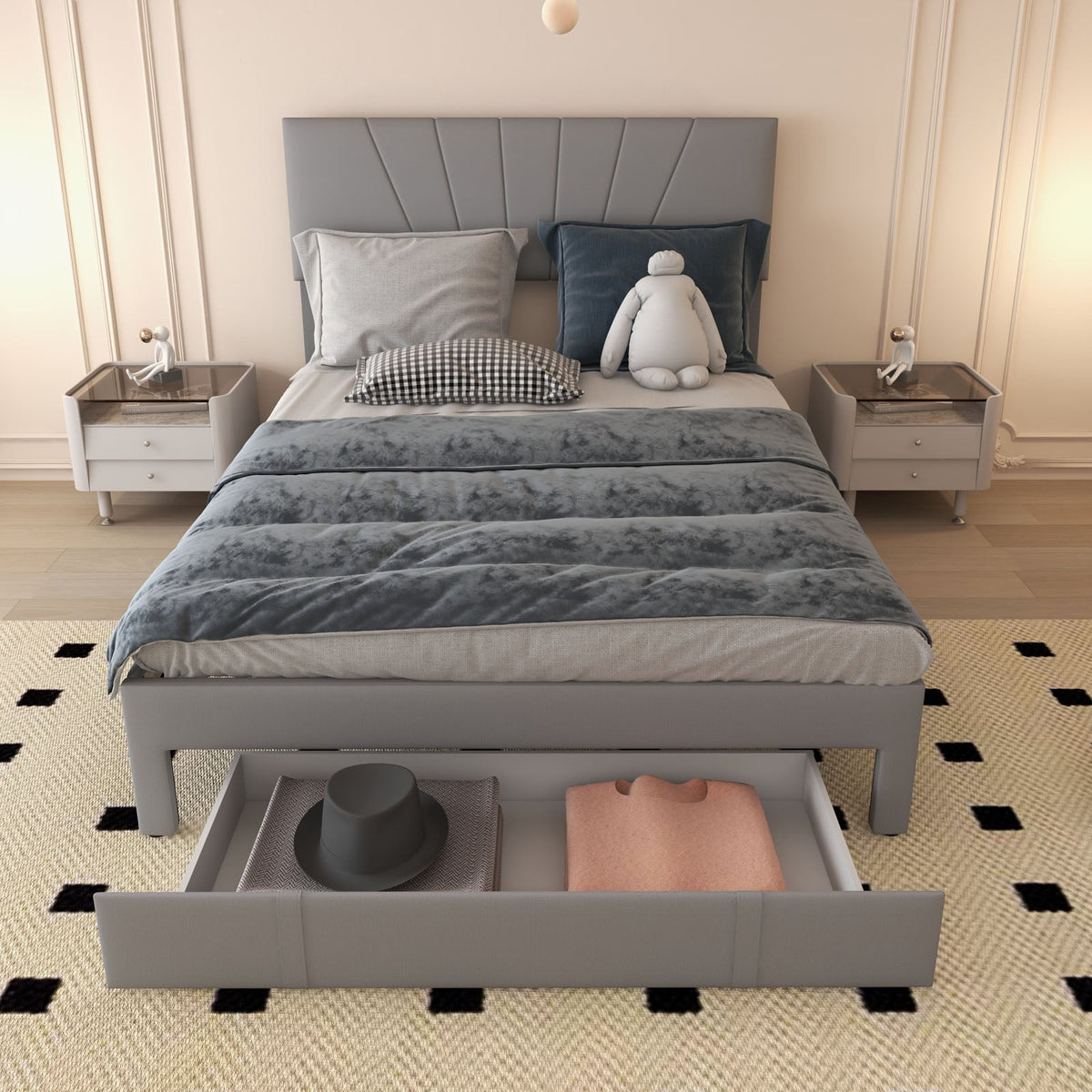 Full/Queen Size Upholstered Bed Frame with Drawer and Adjustable Headboard-Queen Size-Simple Bed Frame-DECOROLALA