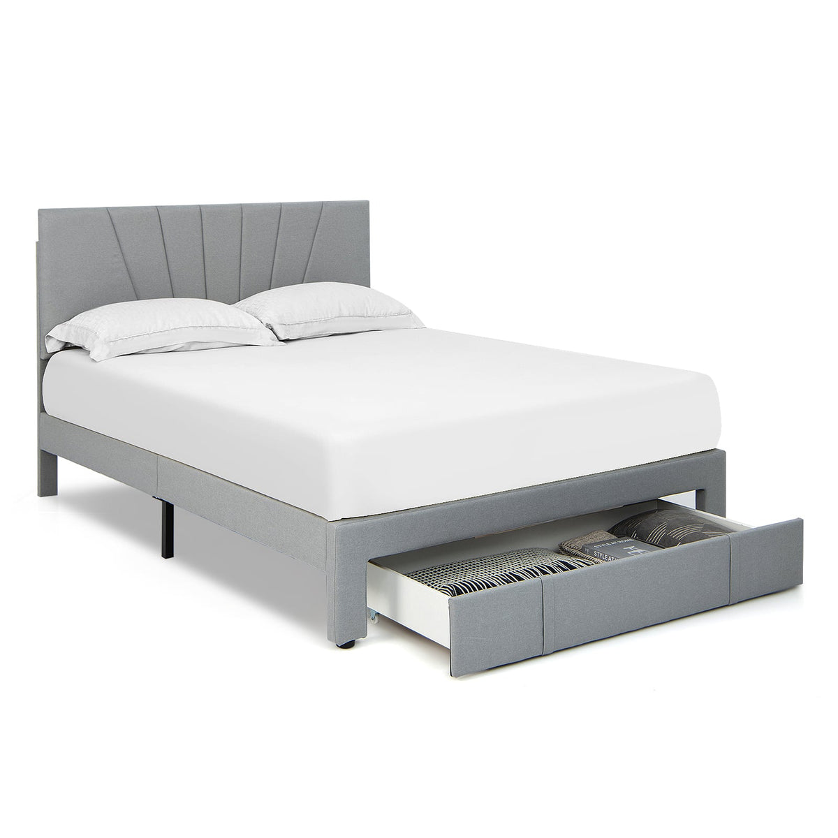 Full/Queen Size Upholstered Bed Frame with Drawer and Adjustable Headboard-Queen Size-Simple Bed Frame-DECOROLALA
