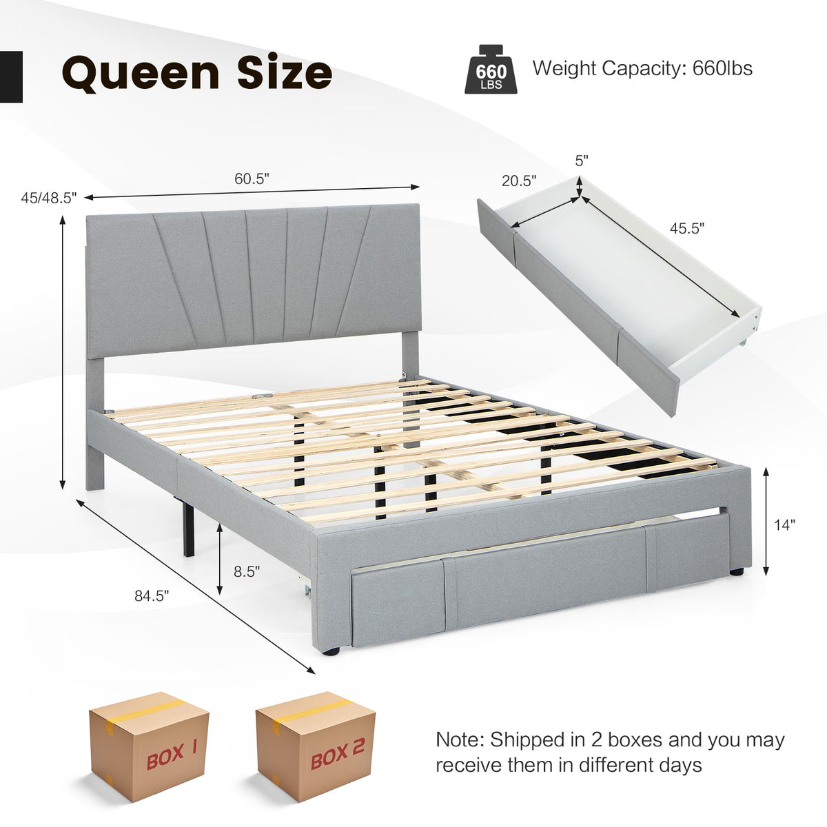 Full/Queen Size Upholstered Bed Frame with Drawer and Adjustable Headboard-Queen Size-Simple Bed Frame-DECOROLALA