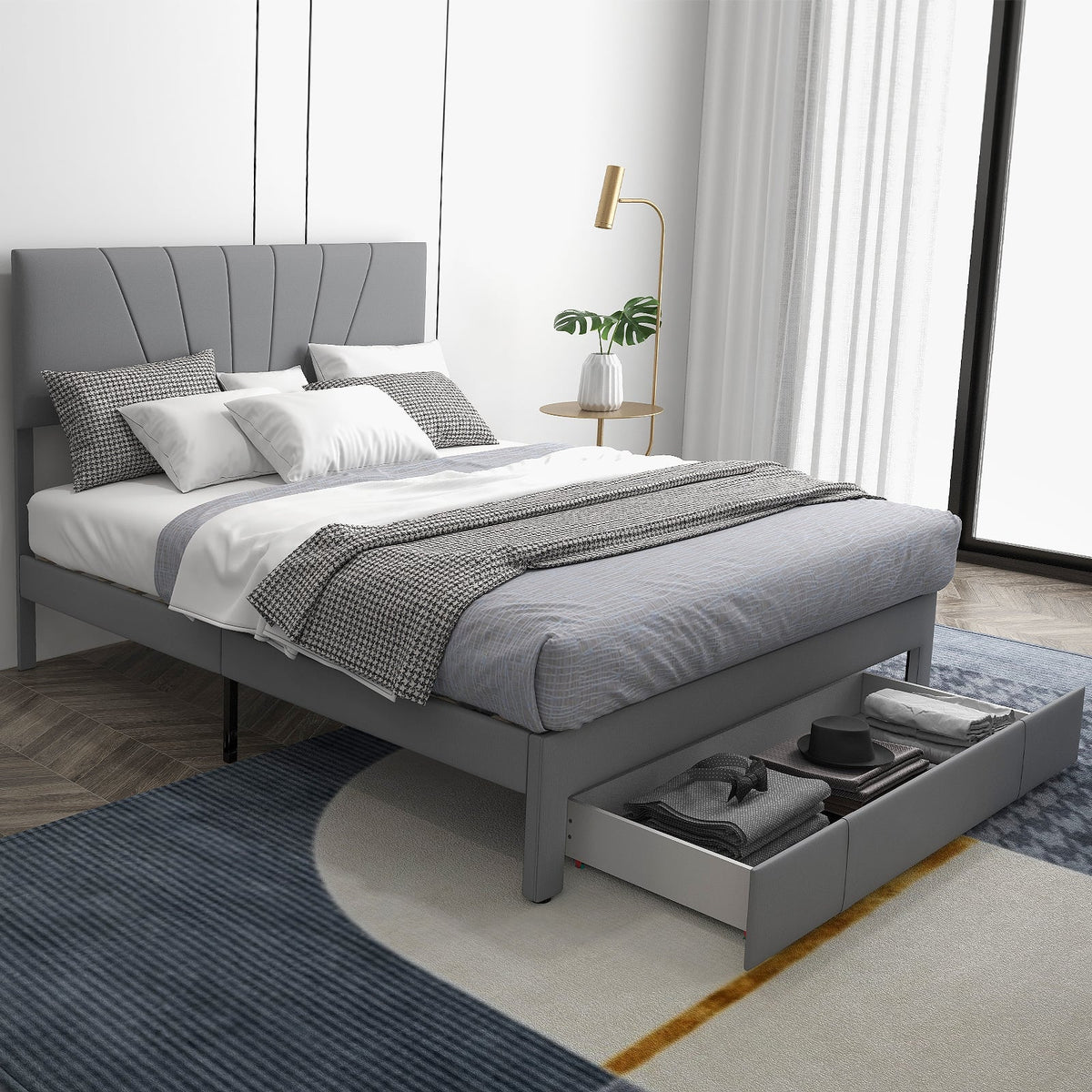 Full/Queen Size Upholstered Bed Frame with Drawer and Adjustable Headboard-Queen Size-Simple Bed Frame-DECOROLALA