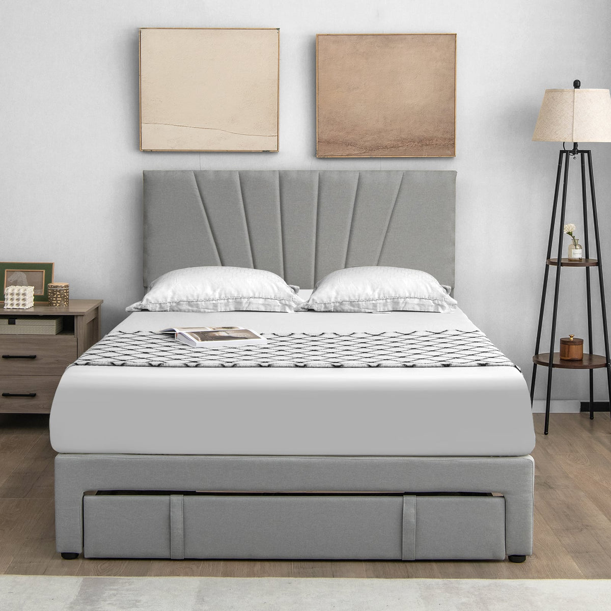 Full/Queen Size Upholstered Bed Frame with Drawer and Adjustable Headboard-Queen Size-Simple Bed Frame-DECOROLALA