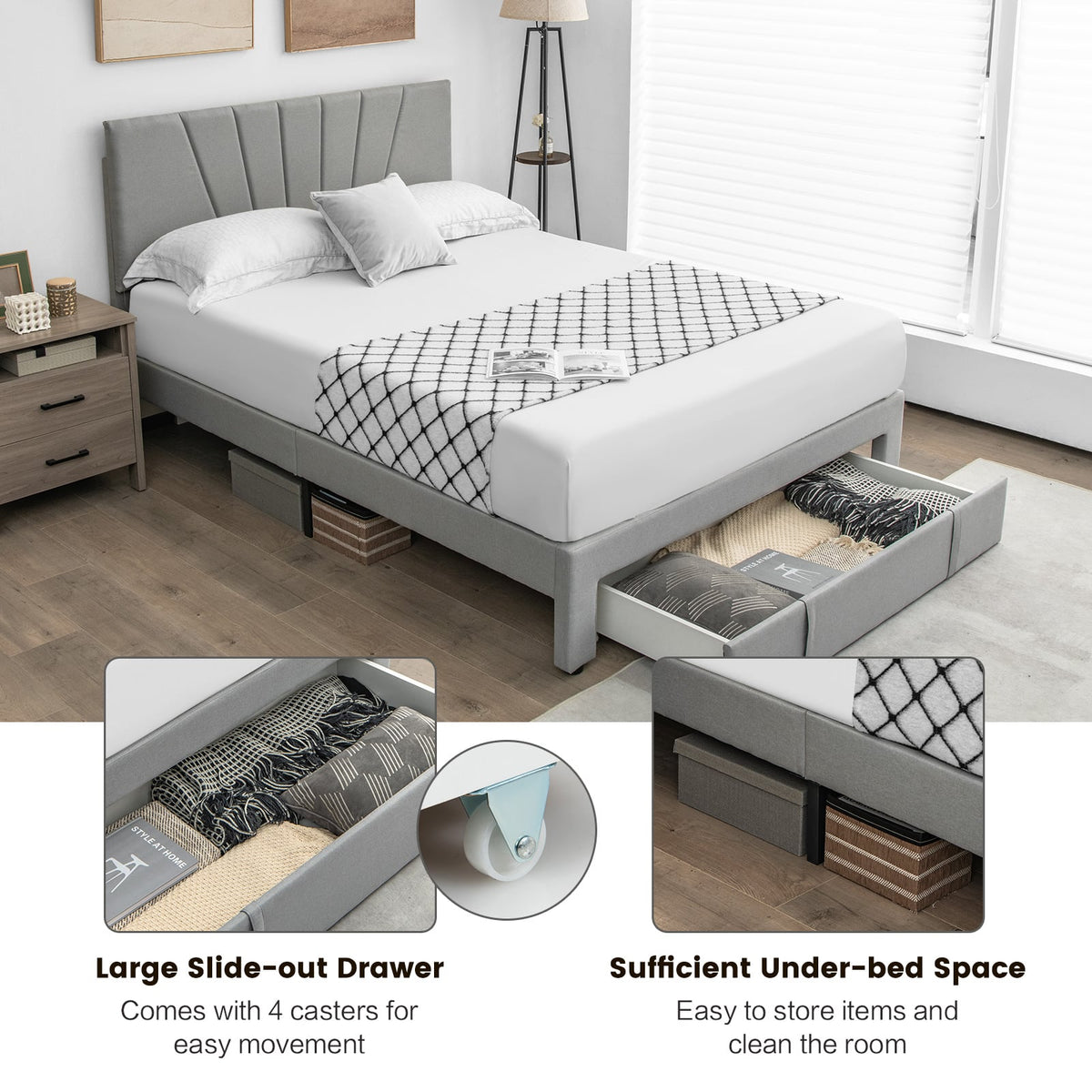 Full/Queen Size Upholstered Bed Frame with Drawer and Adjustable Headboard-Queen Size-Simple Bed Frame-DECOROLALA