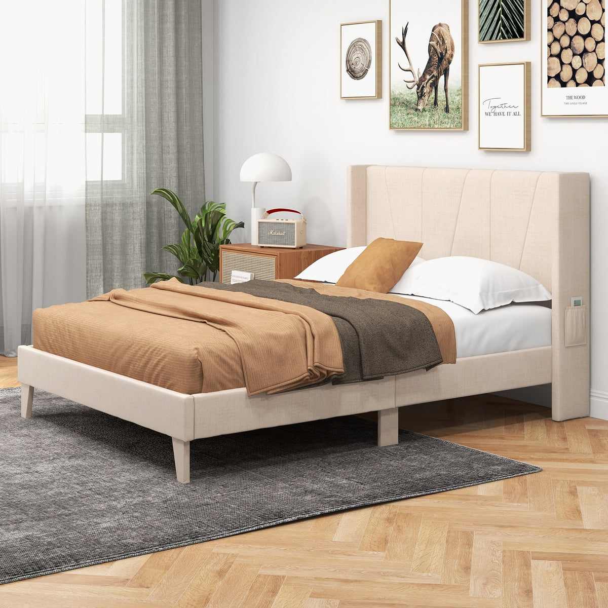 Full/Queen Size Upholstered Bed Frame with Geometric Wingback Headboard-Full Size-Simple Bed Frame-DECOROLALA