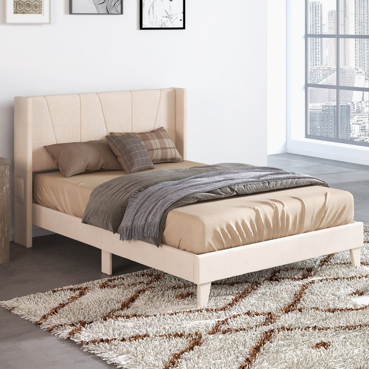 Full/Queen Size Upholstered Bed Frame with Geometric Wingback Headboard-Full Size-Simple Bed Frame-DECOROLALA