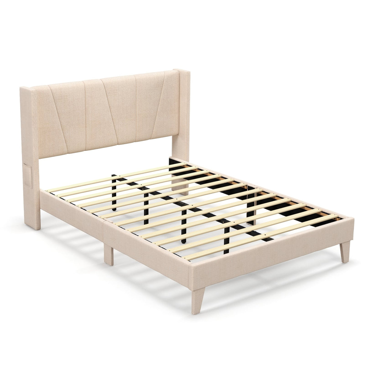 Full/Queen Size Upholstered Bed Frame with Geometric Wingback Headboard-Full Size-Simple Bed Frame-DECOROLALA