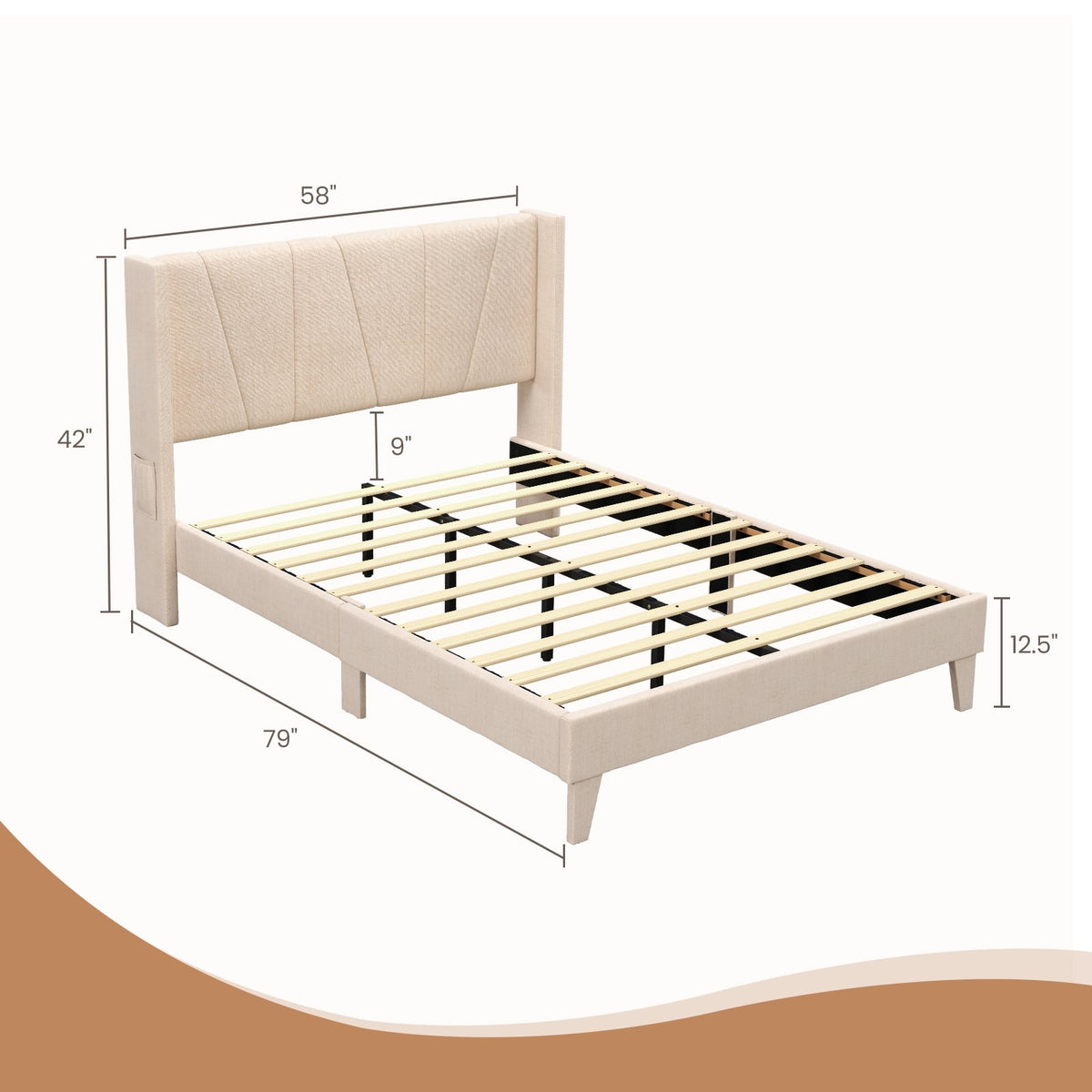 Full/Queen Size Upholstered Bed Frame with Geometric Wingback Headboard-Full Size-Simple Bed Frame-DECOROLALA