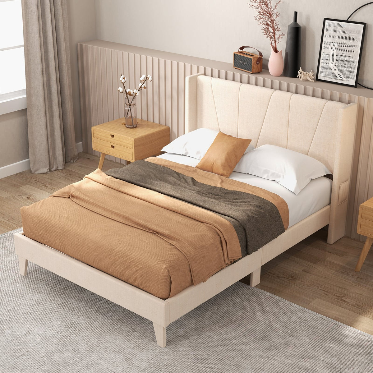 Full/Queen Size Upholstered Bed Frame with Geometric Wingback Headboard-Full Size-Simple Bed Frame-DECOROLALA