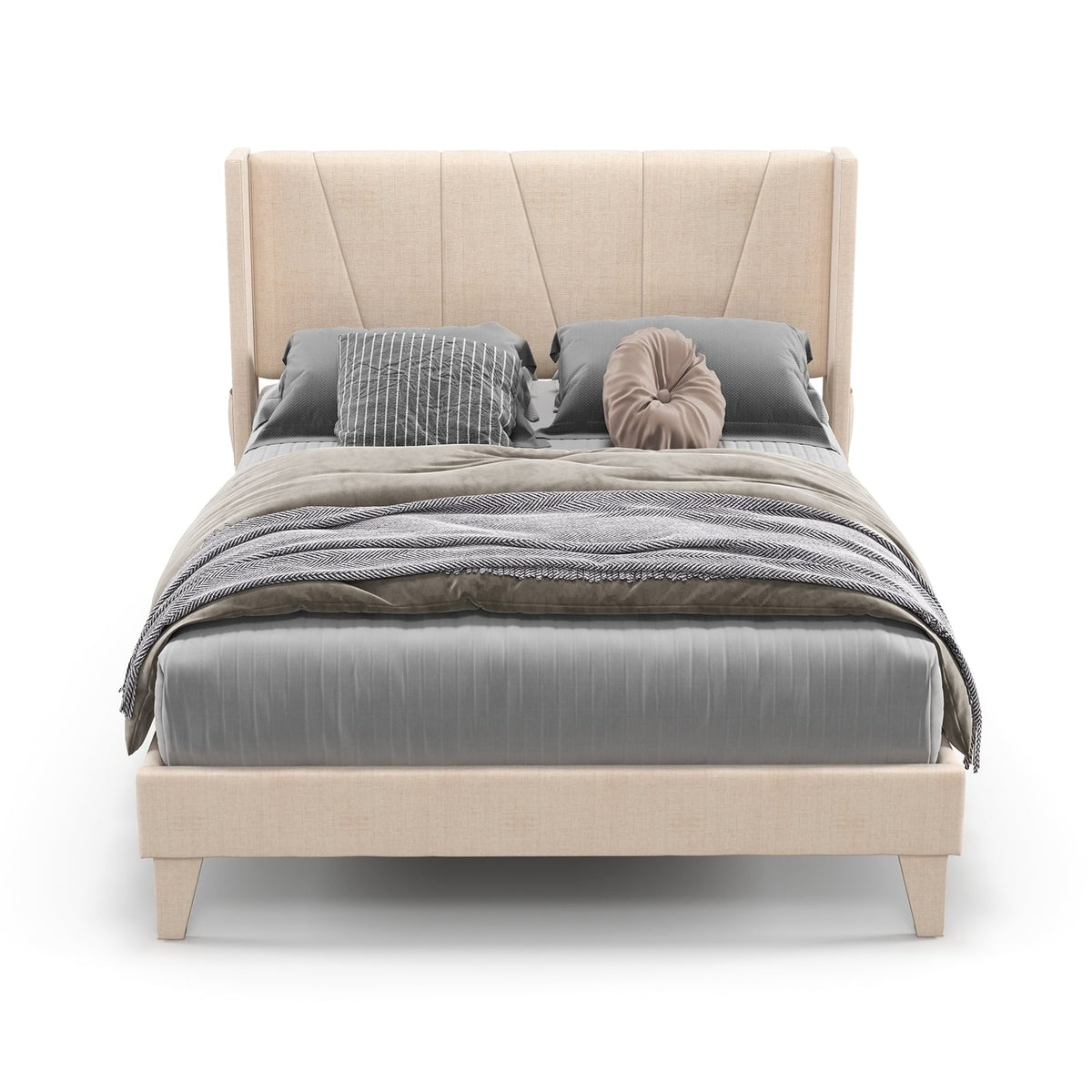 Full/Queen Size Upholstered Bed Frame with Geometric Wingback Headboard-Full Size-Simple Bed Frame-DECOROLALA